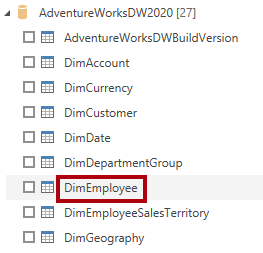 AdventureWorksDW2020 database with DimEmployee indicated