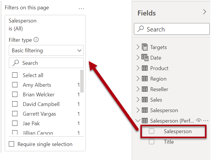 Image of Salesperson field in filter pane.